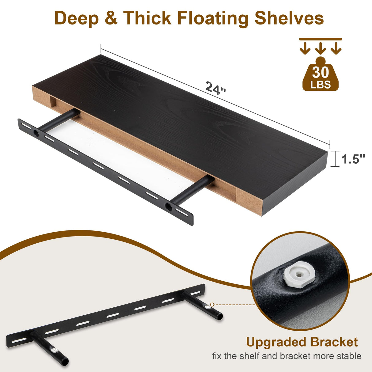 Fun Memories Floating Shelves for Wall, 24Inch Floating Shelves Set of 2, Hanging Shelf with Invisible Brackets, Wood Shelves for Living Room, Bedroom, Kitchen, Black Fun Memories