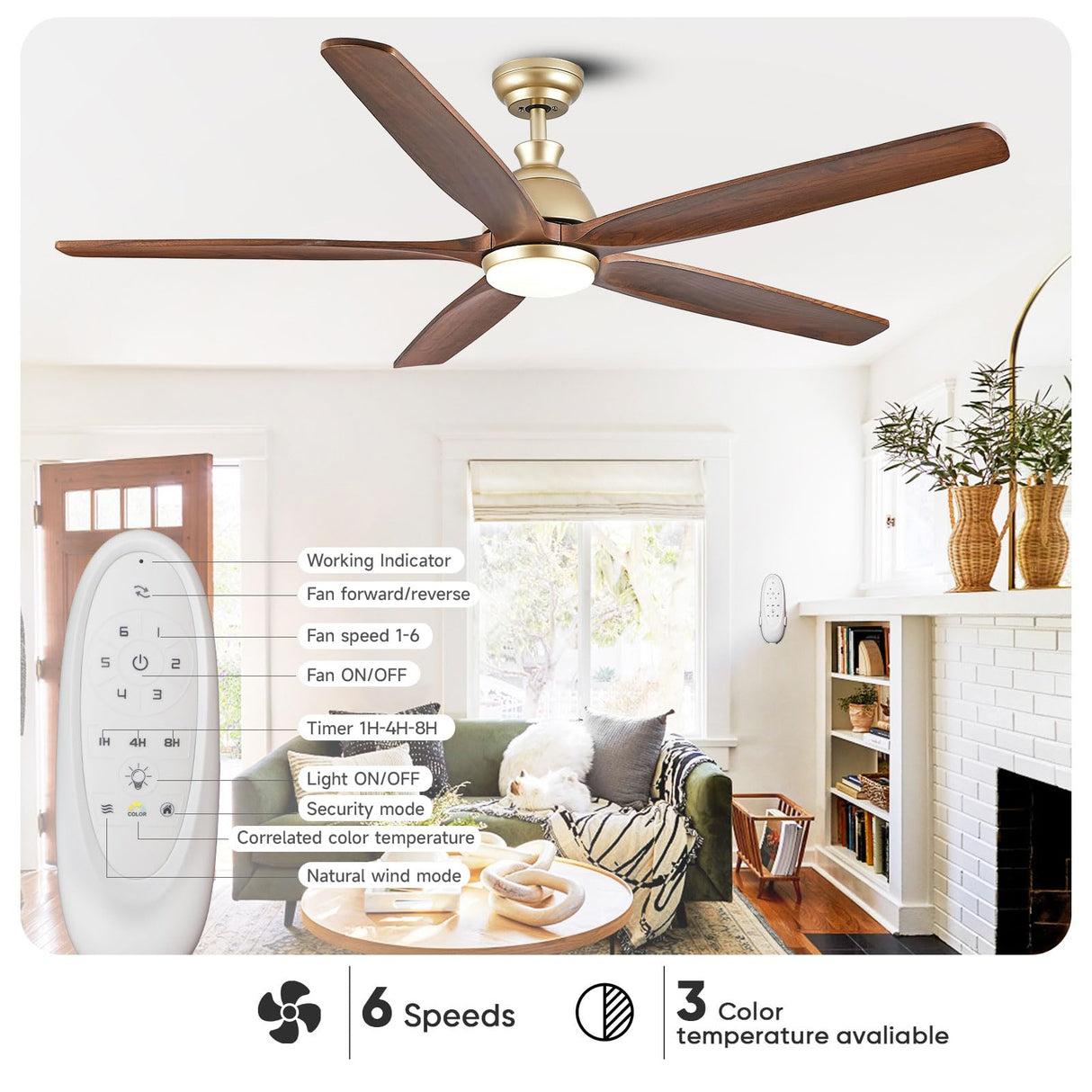 YZEENM 60 Inch Ceiling Fan with Light, Outdoor Ceiling Fans for Patios, Gold Ceiling Fan with LED Lights and Remote, 5 Solid Wood Blade, Quiet DC Motor, Farmhouse Outdoor Large Ceiling Fan Walnut YZEENM
