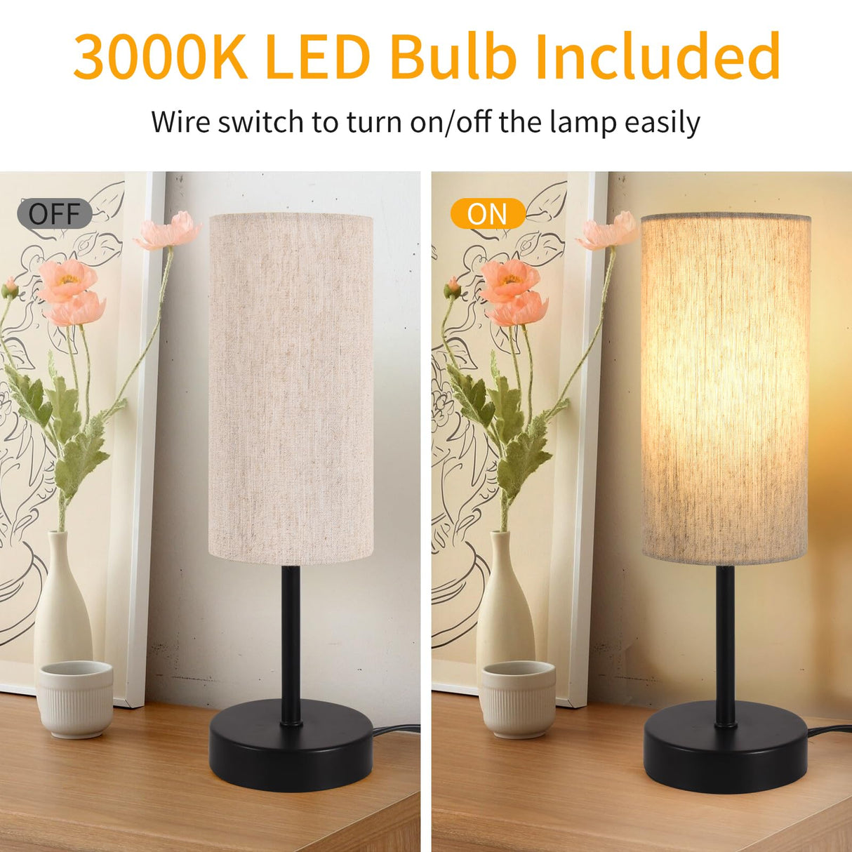 Small Table Lamp, Bedside Table Lamp for Bedroom, Lamp for Nightstand with Linen Fabric Shade, Minimalist Modern Desk Lamp for Living Room Office Dorm Kids Room RISLG