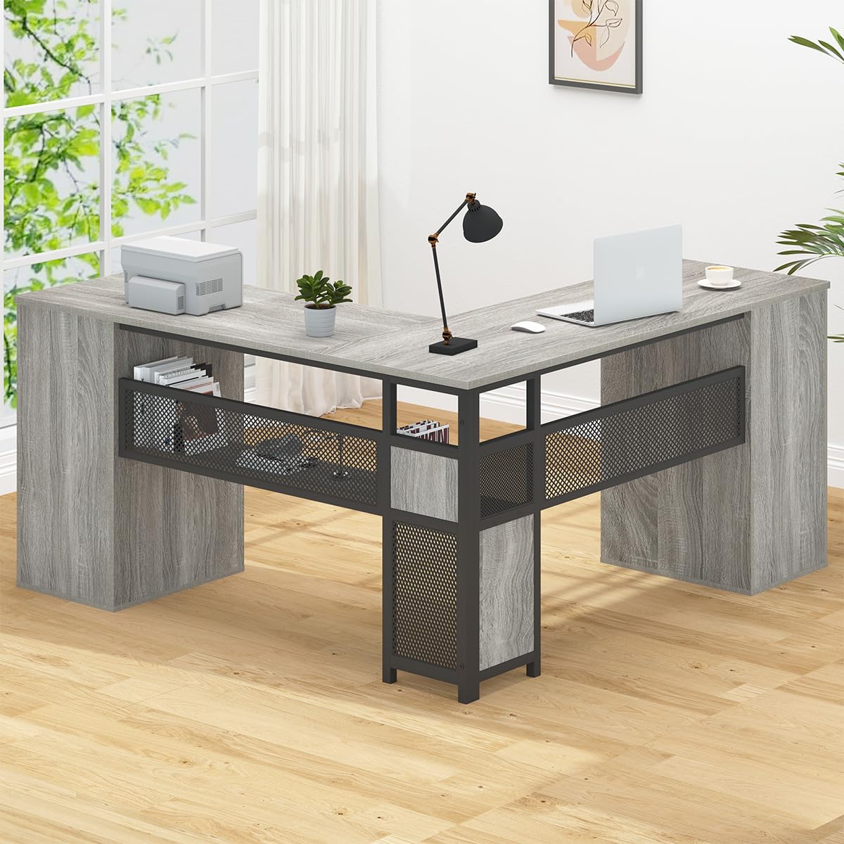 HSH Large L Shaped Desk with Storage File Cabinet,Corner L-Shaped Computer Desk with Drawers Shelves, Home Office Bedroom Metal Wood Study Writing Table Executive Workstation, Light Grey Oak, 59 Inch HSH