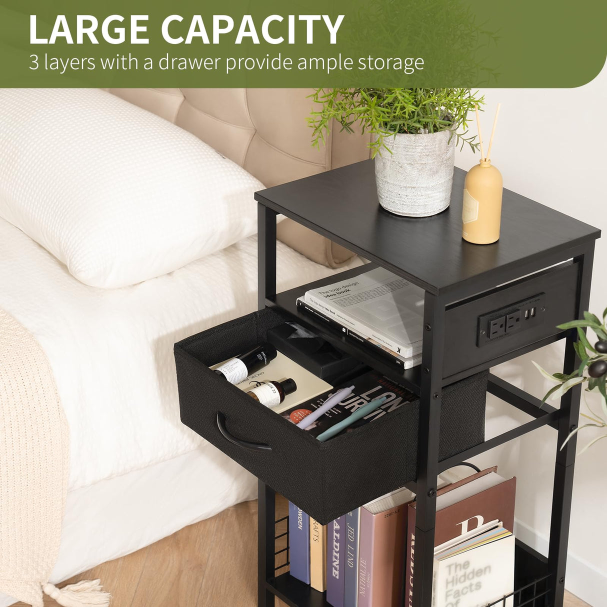 Yoobure Side Table - Night Stand with Charger Station & LED Light, 3 Tier Small End Table Living Room, Bedside Table with Drawer, Record Player Stand with Vinyl Storage, Black Nightstand for Bedroom Yoobure