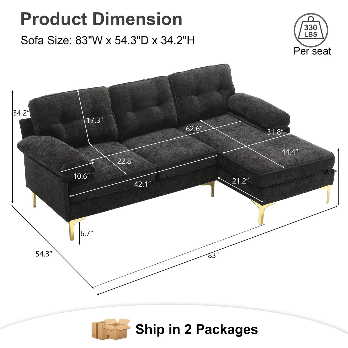 CALABASH 83" L Shaped Sectional Sofa, Chenille 3-Seater Sofa with Reversible Chaise, Modern Soft Cushion Fluffy Armrest Convertible Couch for Living Room Apartment Small Spaces (Black) CALABASH