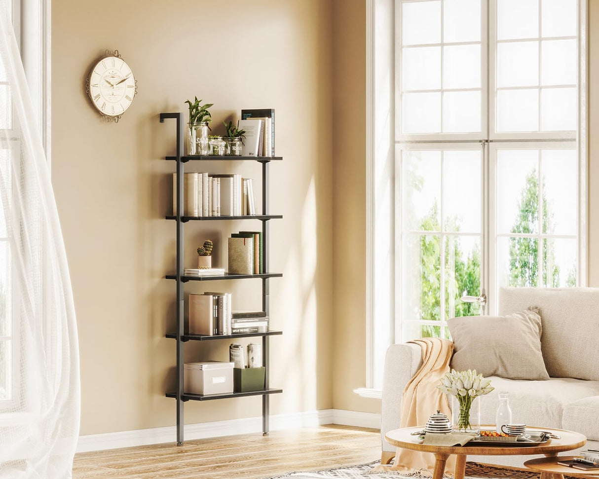 ODK 5-Tier Ladder Shelf, 74 Inches Wall Mounted Ladder Bookshelf with Metal Frame, Open Industrial Shelves for Home Office, Bedroom and Living Room, Black ODK