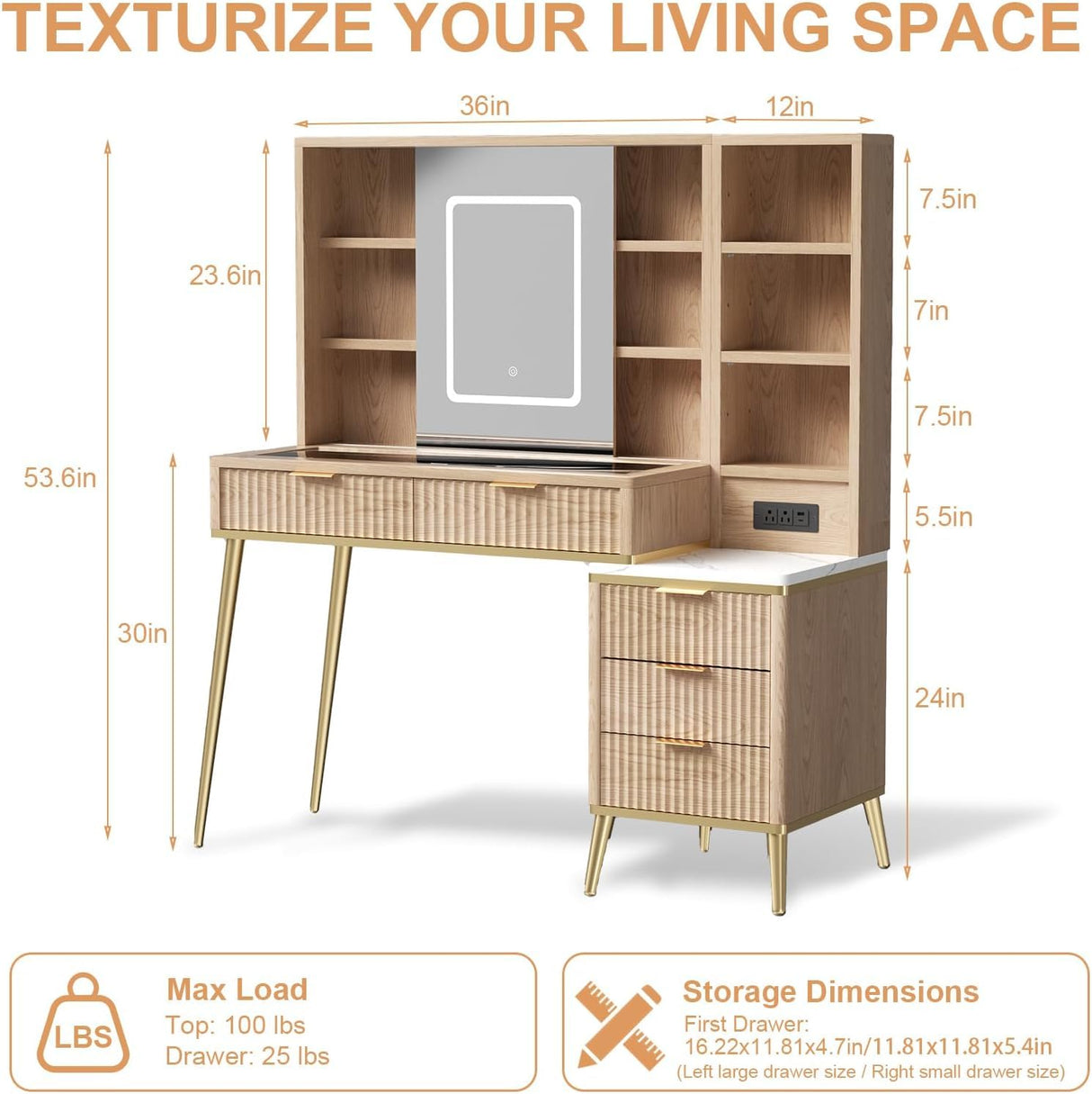 48" Fluted Makeup Vanity Desk with Sliding Mirror and Lights, Wooden Dressing Table with 5 Drawers and Adjustable Shelves,Makeup Vanity Table Modern Glass Top Charging Station for Bedroom (Wooden) TTSITG