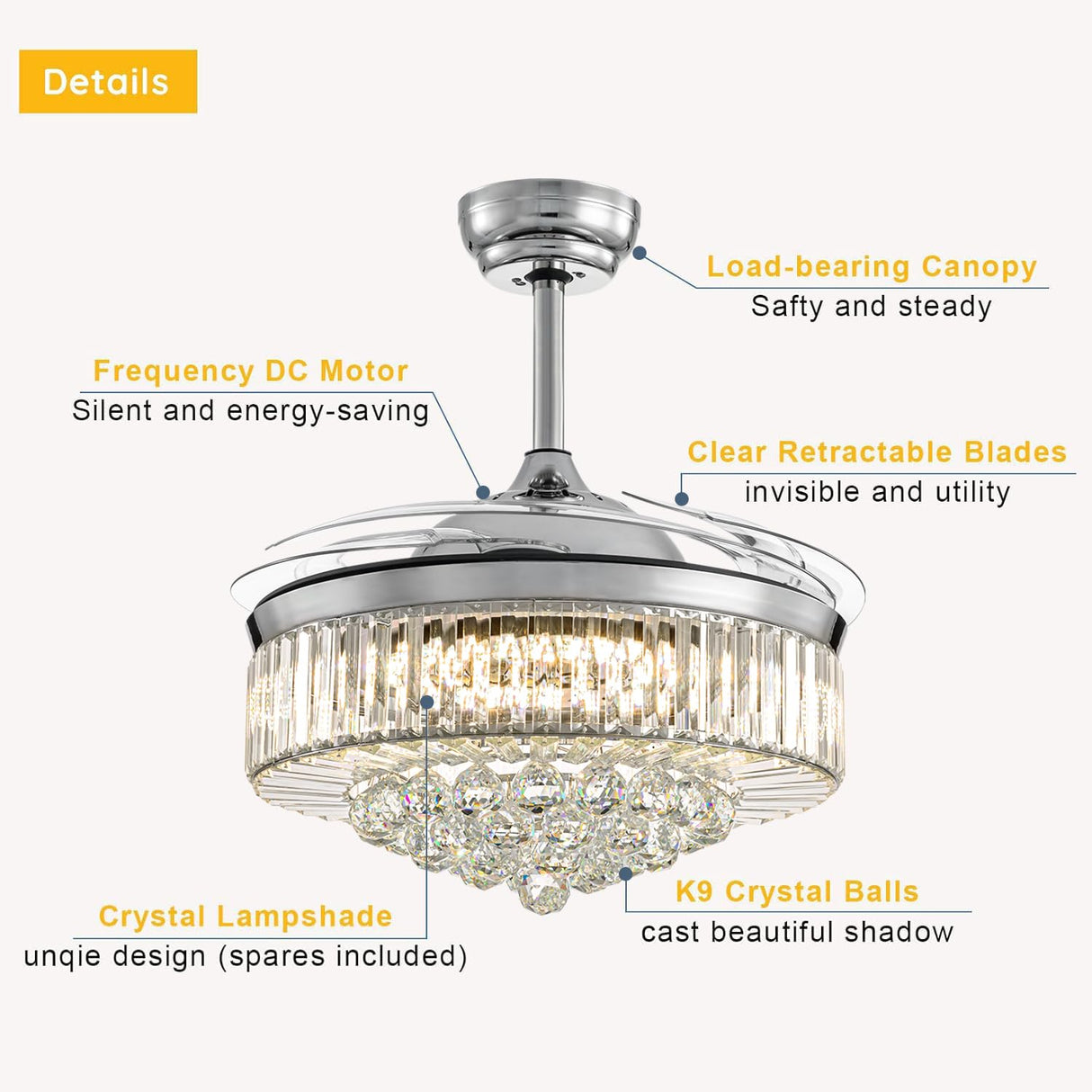 Moooni Modern 48 Inch Dimmable Crystal Fandelier, Retractable Blades Ceiling Fans with Light and Remote, Invisible LED Ceiling Fan Light Kit for Bedroom-Polished Chrome Moooni