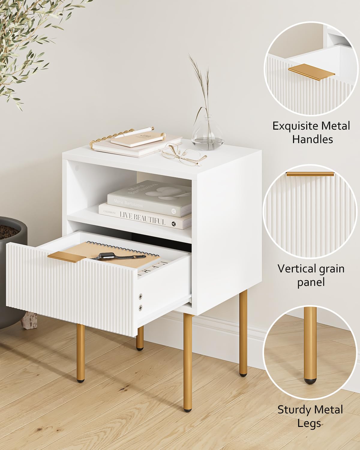 Masupu Nightstand,Mid-Century Modern Bedside Table with Storage Drawer and Open Wood Shelf,Small Gold Frame Side Table for Bedroom,Living Room,White Masupu