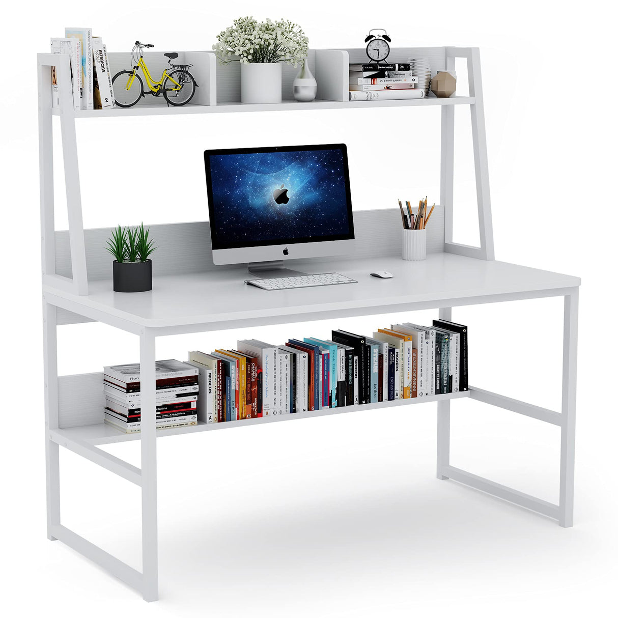 Tribesigns 47-Inch All White Computer Desk with Hutch and Bookshelf for Compact Home Office Spaces Tribesigns
