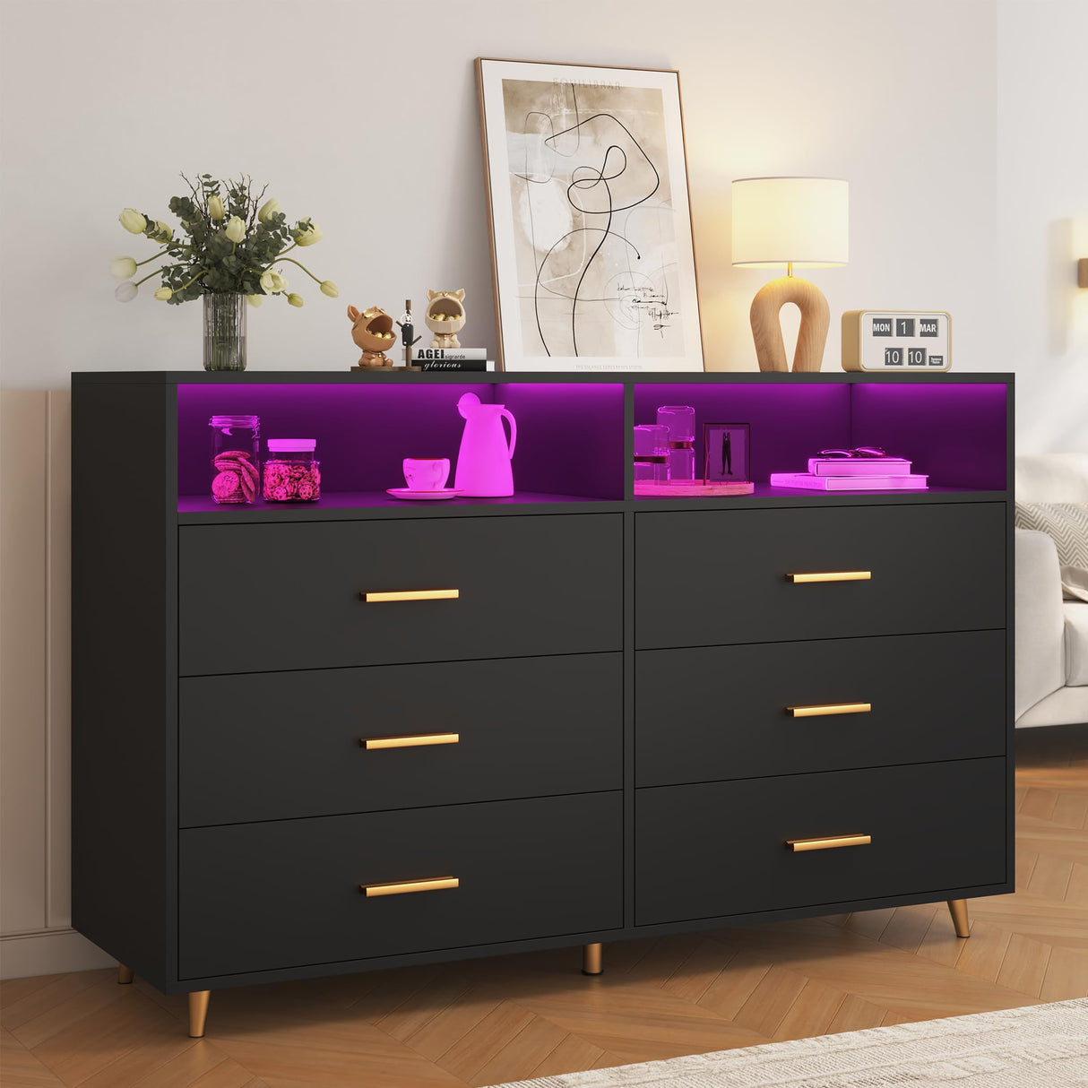 EnHomee Black Dresser with LED Lights, Wood Dresser for Bedroom with Wide Large Drawers and Metal Handles, Elegant Chest of Drawers for Clothes Storage Living Room Hallway Entryway, 47.2" W EnHomee