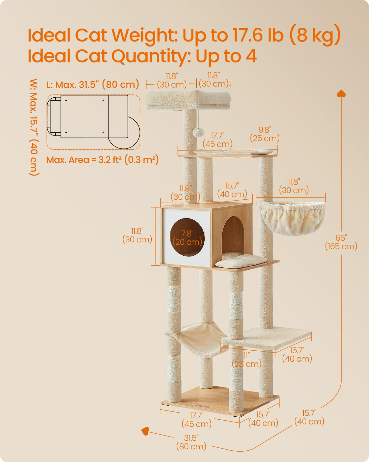 Feandrea Cat Tree, 65-Inch Tall Cat Tower, Multi-Level Cat Condo with Cave, Basket, Hammock, Pompom, Scratching Posts, Almond Yellow UPCT118Y01 Feandrea
