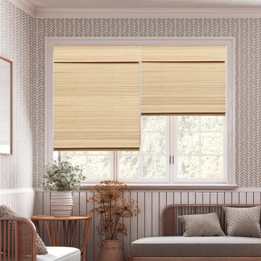 LUCKUP Cordless Natural Bamboo Roman Blinds - Blackout Shades with Valance Cover for Enhanced Privacy 34" W x 64" H LUCKUP