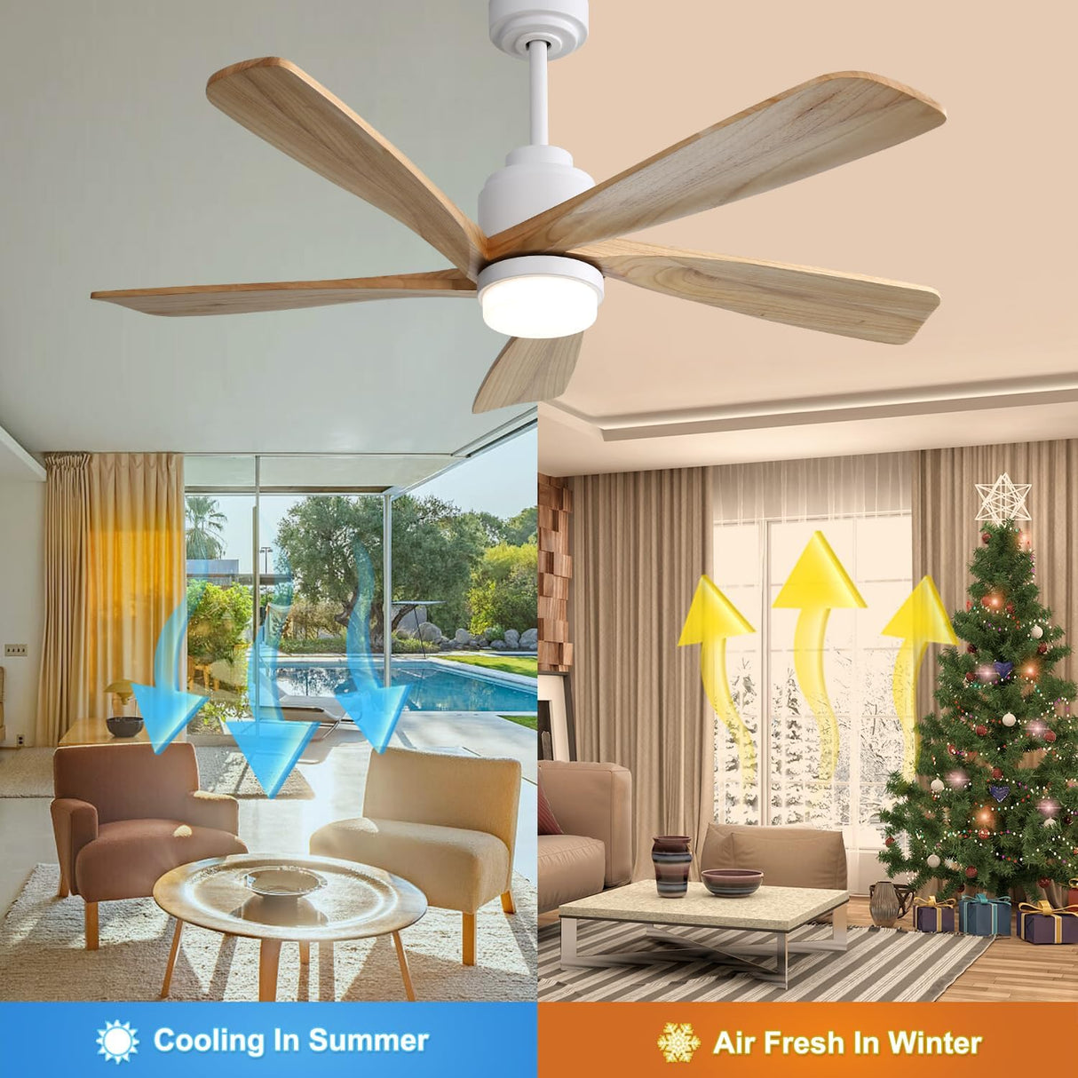 POPFAN 52 Inch Modern Ceiling Fan With Dimmable LED Light 5 Solid Wood Blades Smart Remote Control Reversible DC Motor for Bedroom, Living Room, White (White & Woodgrain) POPFAN