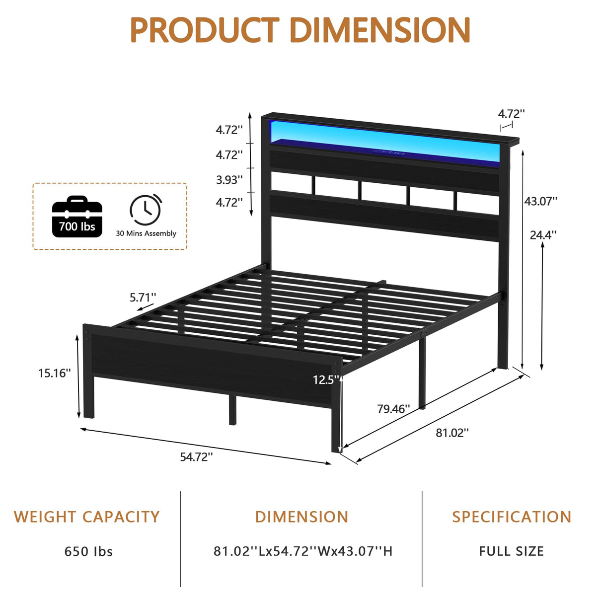 Furnulem Full Size Bed Frame with LED Light and Charging Station, Storage Headboard with 2-Tier Shelves, Metal Platform Bed with Heavy Duty Slats Support, No Box Spring Needed, Black Oak Furnulem