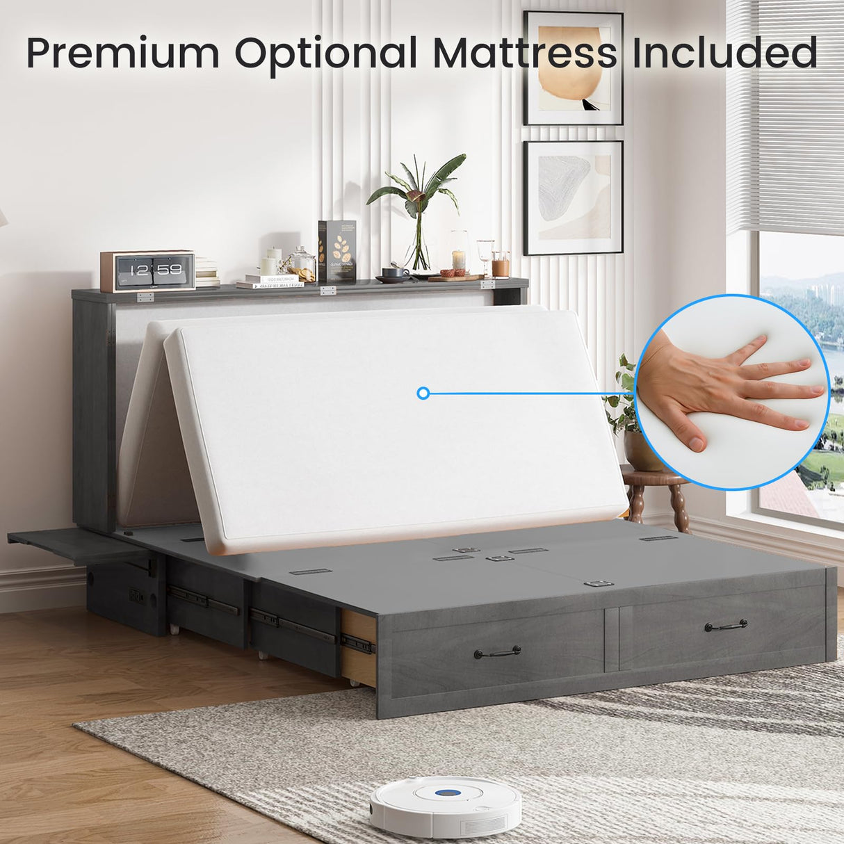 PUREMIND Queen Murphy Bed Cabinet with Mattress Included, Cabinet Beds with Storage Drawers, Murphy Chest Bed with USB Charging Station, Horizontal Murphys Wallbed for Bedroom, Guest Room PUREMIND