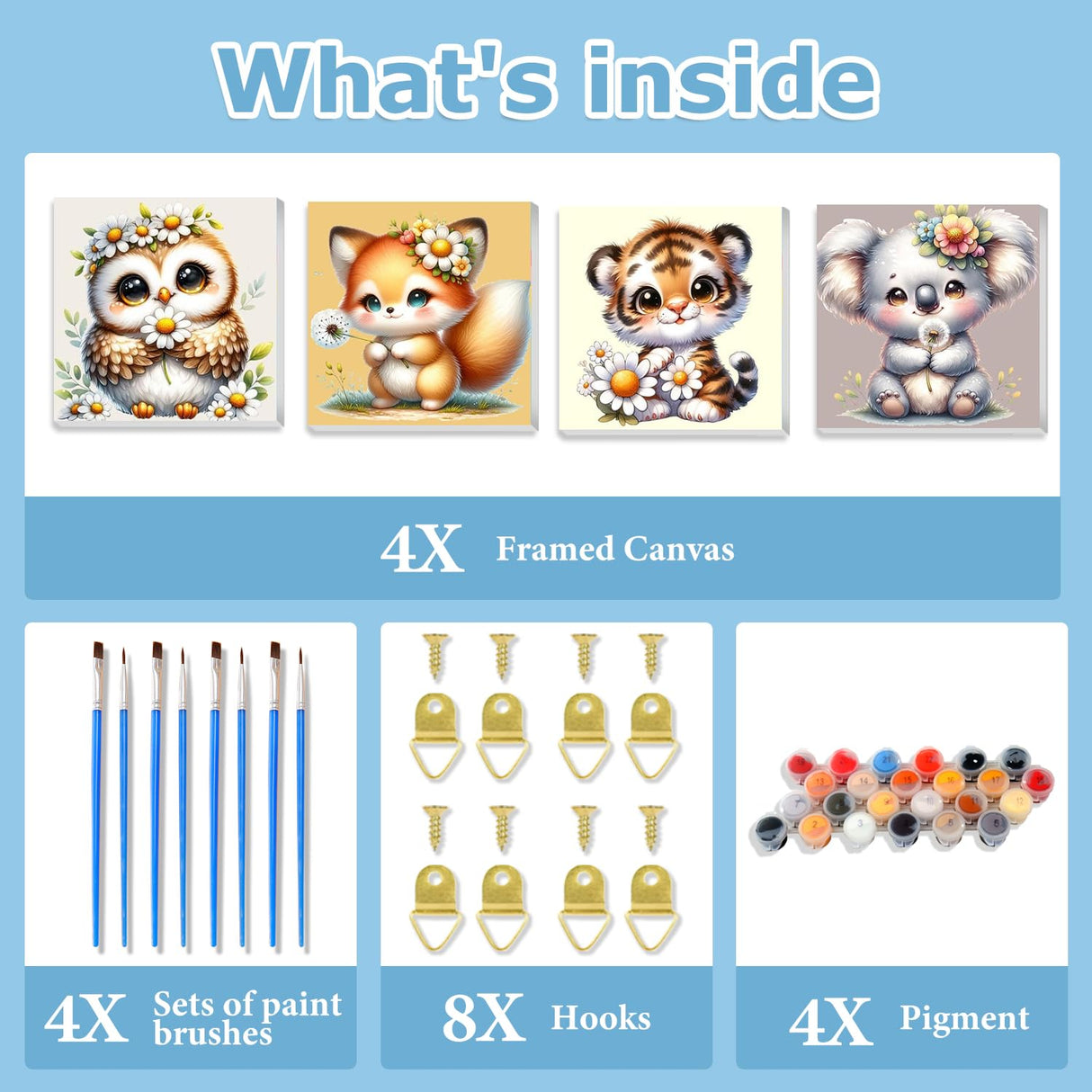 hkejoi 4 Pack Kids Paint by Number Framed - Cartoon Paint by Numbers Kit, Perfect for Gift or Home Wall Decor 8x8inch hkejoi