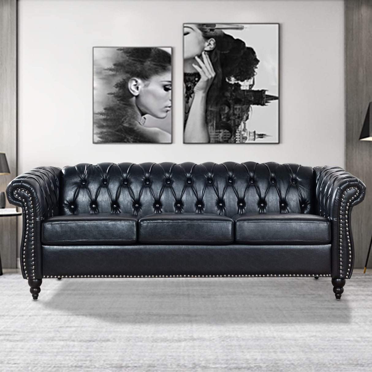 Vaztrlus Chesterfield Sofas for Living Room, Black Rolled Arm 3-Seater Leather 84" Large Couch Deep Button Nailhead Tufted Upholstered Couches for Bedroom, Office Apartment Easy to Assemble Vaztrlus