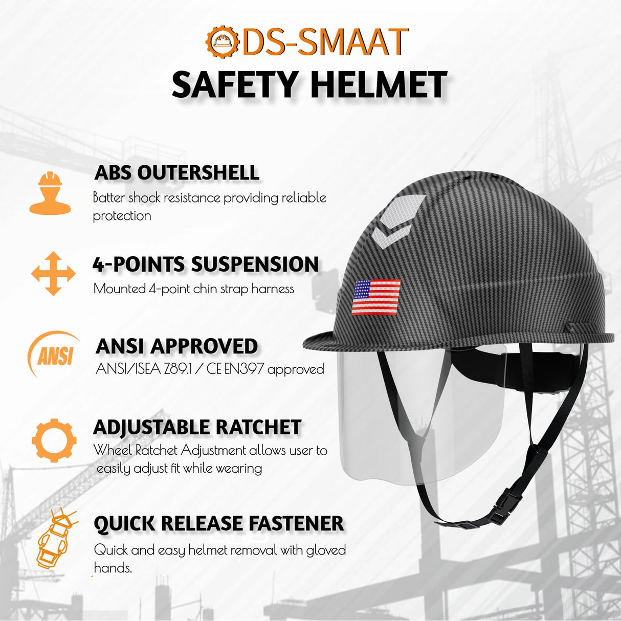 DS-SMAAT Hi-Viz Reflective Safety Hard Hat with Visor,Vented Protection Construction Hard Hat,4-Point Ratchet Suspension ABS Helmet with Glass for Industry Use, ANSI Z89.1&OSHA Approved Safety Helmet DS-SMAAT
