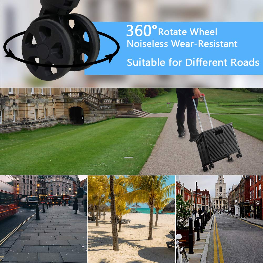 FELICON SELORSS Foldable Utility Cart Folding Portable Rolling Crate Handcart with Durable Heavy Duty Plastic Telescoping Handle Collapsible 4 Rotate Wheels for Travel Shop Move Luggage Office(Black) FELICON