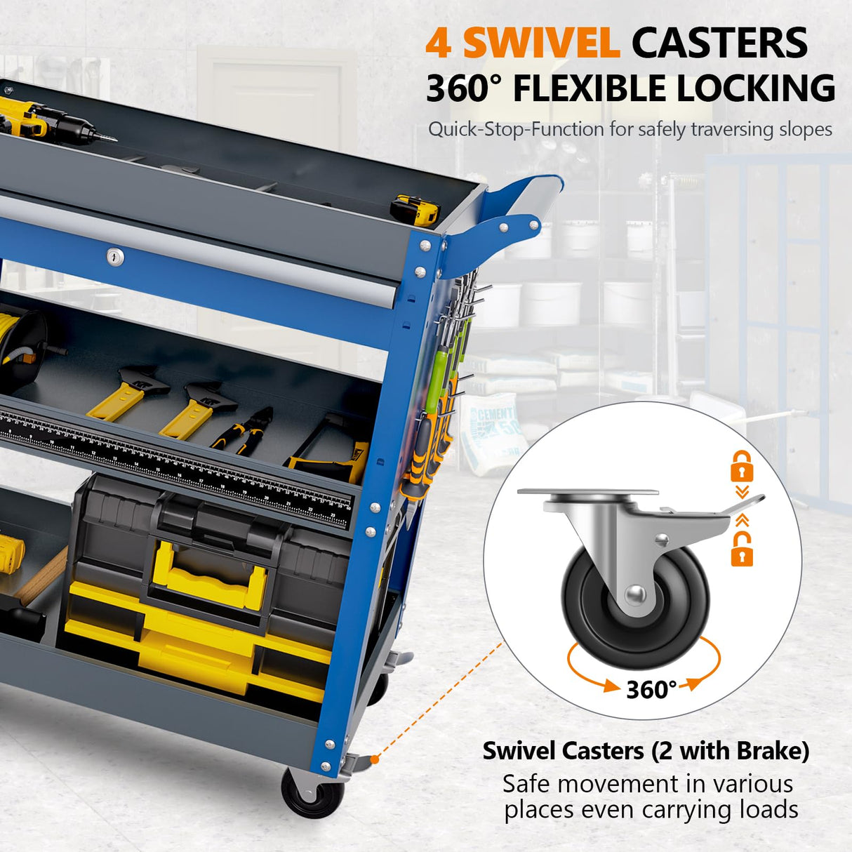 AIRAJ PRO 3 Tier Tool Cart,440 LBS Capacity Rolling Tool Cart with Drawers,Heavy Duty Industrial Service Tool Cart on Wheels with Pegboard Hooks for Mechanics,Garage,Warehouse,Workshop,Blue AIRAJ PRO