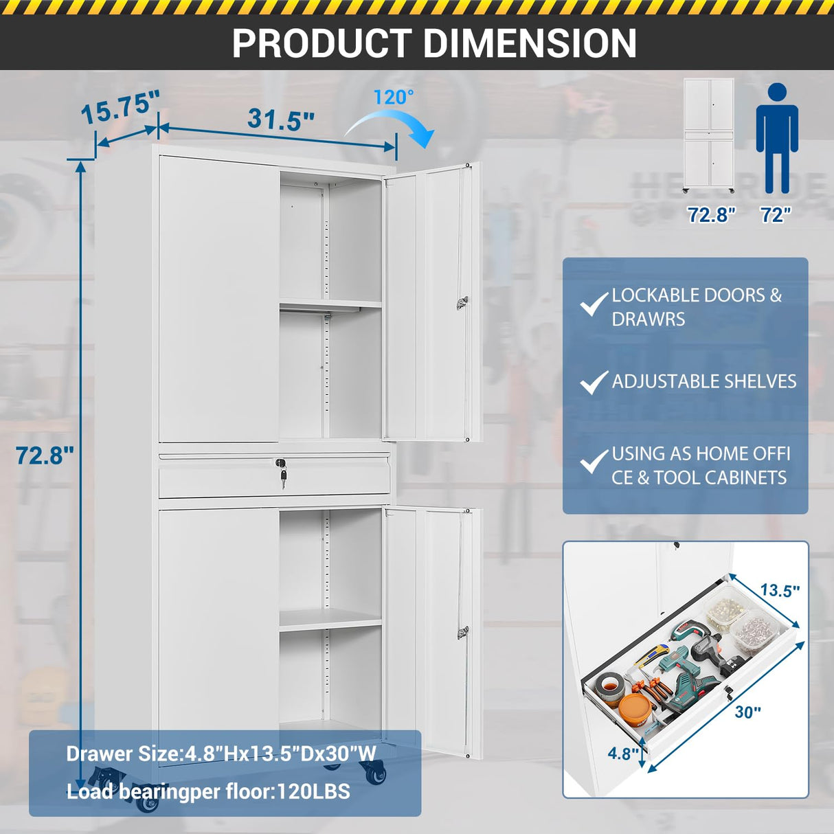 Fesbos 73" Metal Cabinet-White Heavy Duty Rolling Storage Cabinet Steel Tool Cabinets with Wheels, Shelves, Lockable Doors and Drawers- for Garage, Pantry, Warehouse Home Office- Assembly Required Fesbos