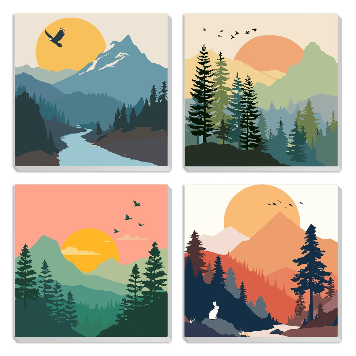 MXJSUA 4 Pack Sunset Mountain Paint by Numbers Kit with Framed Canvas for Ages 6-12 Kids, Paint by Numbers Kits for Children Beginners, Acrylic Oil Painting for Home Wall Decor Gift (8x8 inch) MXJSUA
