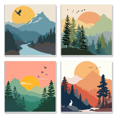 MXJSUA 4 Pack Sunset Mountain Paint by Numbers Kit with Framed Canvas for Ages 6-12 Kids, Paint by Numbers Kits for Children Beginners, Acrylic Oil Painting for Home Wall Decor Gift (8x8 inch)