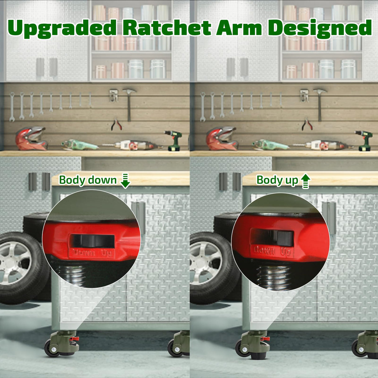 EMBOWLIFE Leveling Casters Set of 4, Workbench Casters with Ratchet Arm, 3300 LBS, Green Heavy Duty Retractable Leveling Machine Casters, Nylon Wheels & Leveling Feet for Shelves and Workbenches EMBOWLIFE