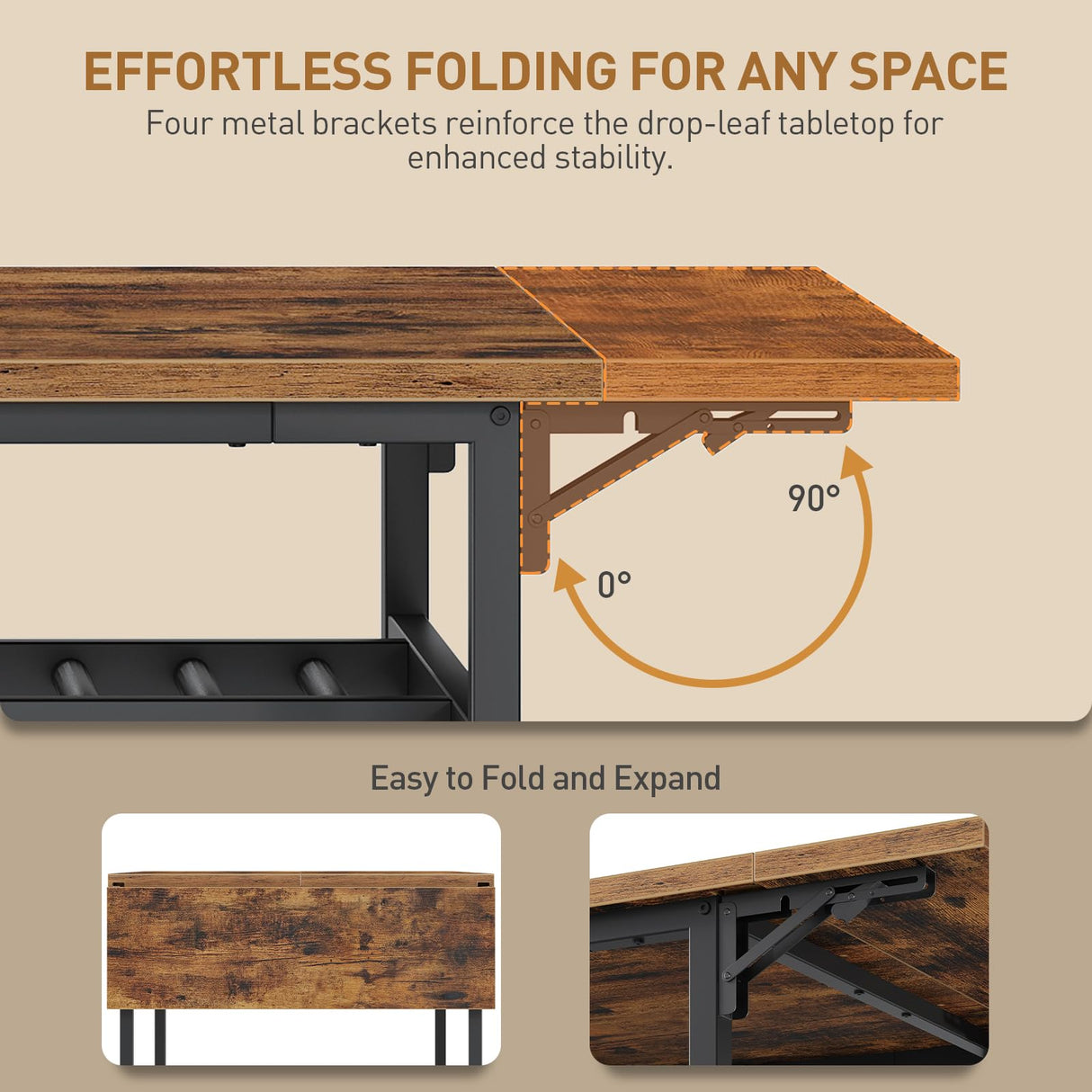 RALGEND 7-Piece Dining Table Set for 4-6, 63" Extendable Kitchen Table and 6 Chairs, Rectangle Dining Room Table Set for 6 with Wine Rack for Small Saving Space, Rustic Brown and Black RALGEND