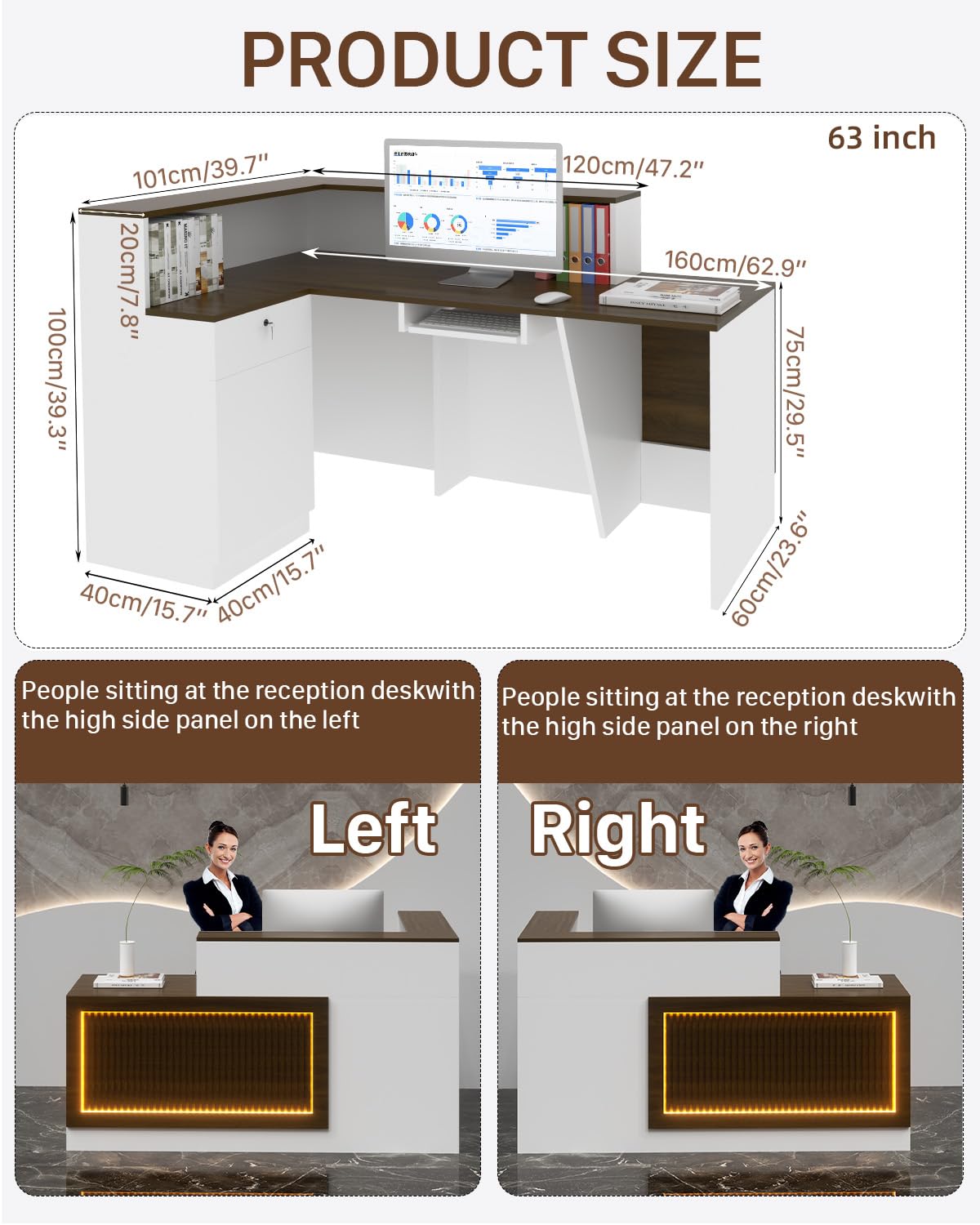 L-shaped Reception Desk, Solid Wood Reception Desk with Counter, Check out Stand with Lockable Drawer & Cabinet, Retail Checkout Counter for Office, Store, Beauty Salon (L-Shaped-Dark Walnut-R, 63in) Gguileb