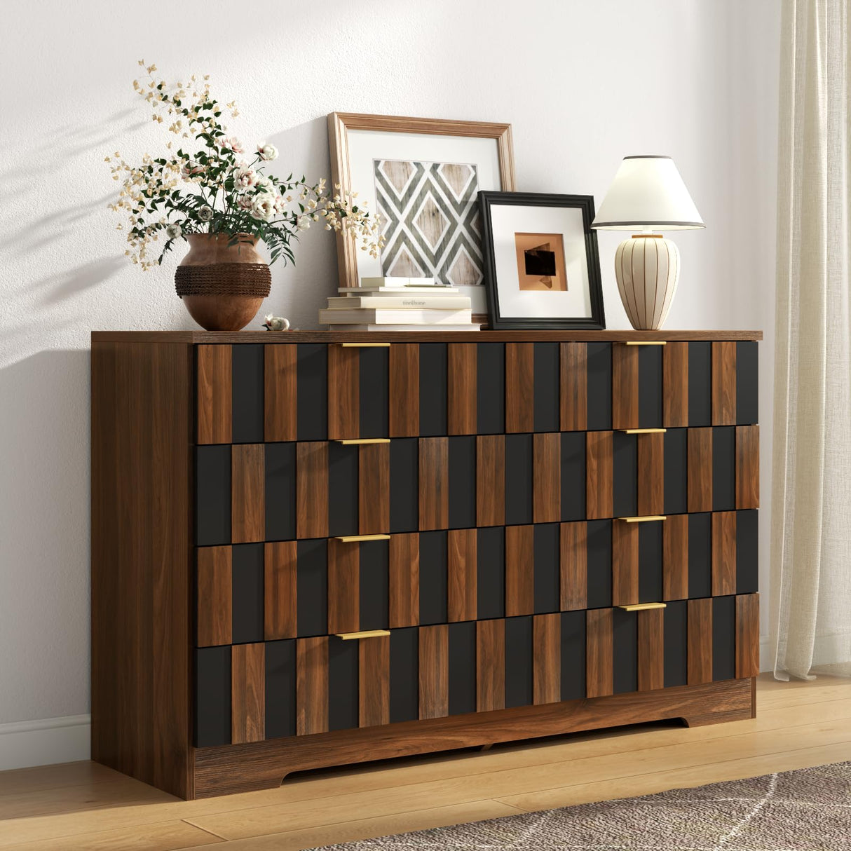 8 Drawer Dresser for Bedroom, Modern Double Dresser, 48" Wide Chest of Drawers with Anti-Tipping & Metal Handles, Mid Century Wooden Storage TV Stand, Closet Dresser for Living Room, Entryway, Walnut Loomie