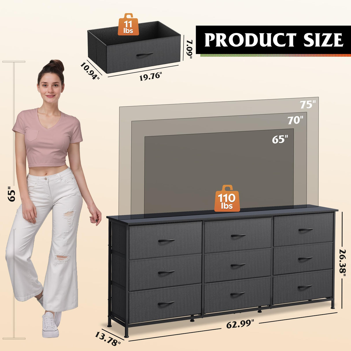WLIVE 63''W Dresser for Bedroom, Black Dresser TV Stand for 65, 70, 75 inch TV, Wide Chest of Drawers with 9 Drawer, Large Entertainment Center, Fabric Dressers with Wood Top for Closet, Living Room WLIVE