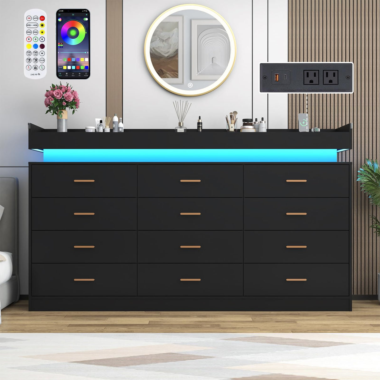 12 Drawer Dresser with LED Light and Charging Station, 70" Modern Chest of Drawers for Closet, Wide Drawer Organizer Cabinet for Bedroom, Living Room, Entryway, Hallway, Black Hlivelood