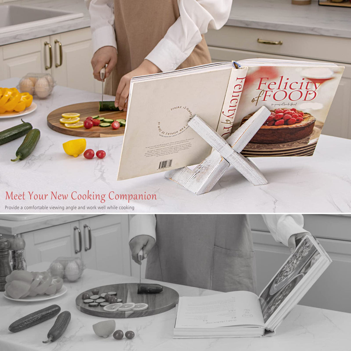 EFFORTICH Cookbook Stand, Wooden Recipe Book Holder, Cook Book Stand for Kitchen Counter, Multifunctional Display Stand, Kitchen Counter Decor - White EFFORTICH