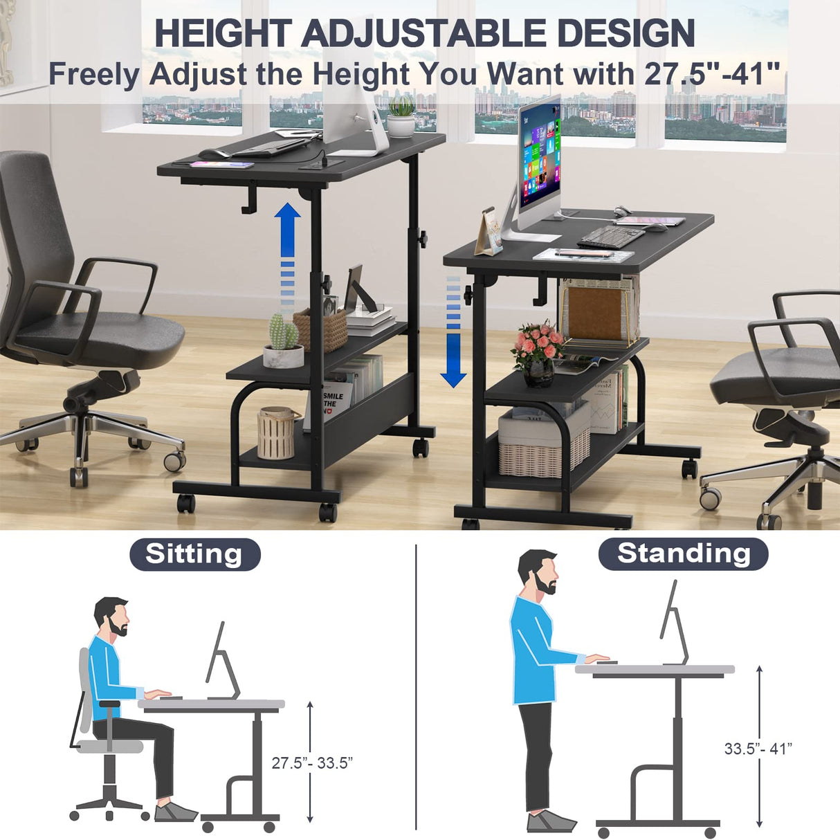 Height Adjustable Standing Desk with Power Outlets, 32" Manual Stand Up Desk with Storage Shelves Small Mobile Rolling Computer Desk Portable Laptop Table with Wheels for Home Office, Black armocity