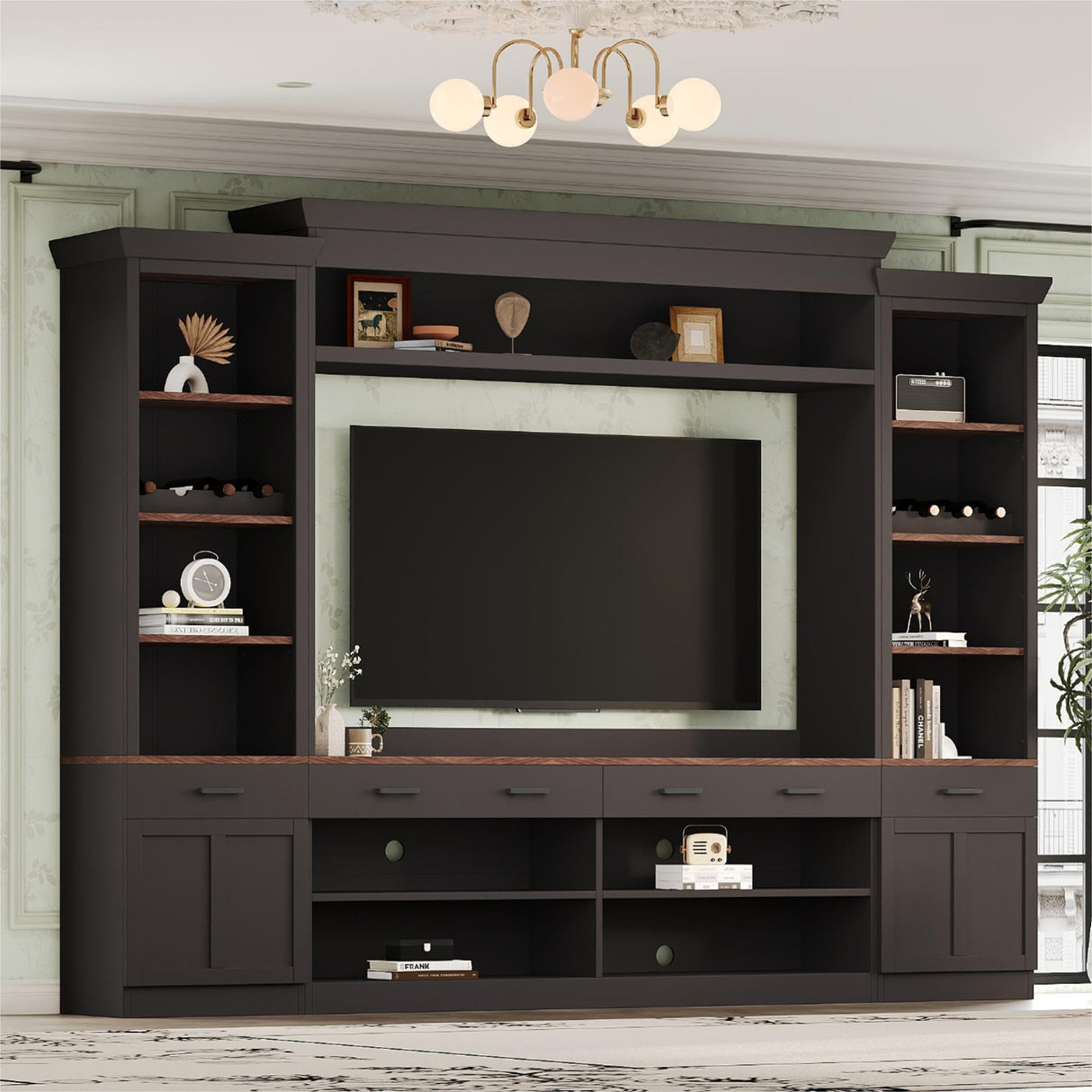 Merax Minimalist Entertainment Wall Unit Set with Ample Storage Space and Adjustable Shelves, TV Stand for Televisions Up to 70'', Mid-Century Large Media Console with Wine Rack for Living Room, Black Merax