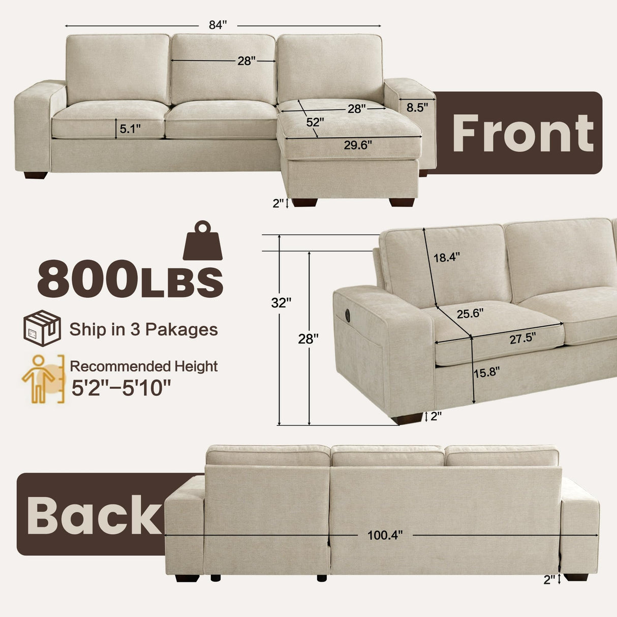 PARKOL 99" L-Shaped Sectional Couch with Storage, Sofa with Reversible Chaise, USB Type-C Charging, Chenille Fabric, Removable Cushion Covers, for Small Space, Apartment, Living Room, Beige PARKOL