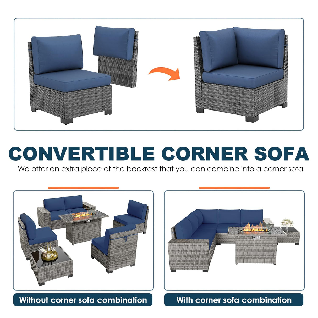 VONZOY 7 Piece Patio Furniture Set with Fire Pit Table, Outdoor Conversation Sets Wicker Rattan Sectional Sofa with Coffee Table, 4'' Thickened Cushion Navy Blue (Include Waterproof Cover) VONZOY