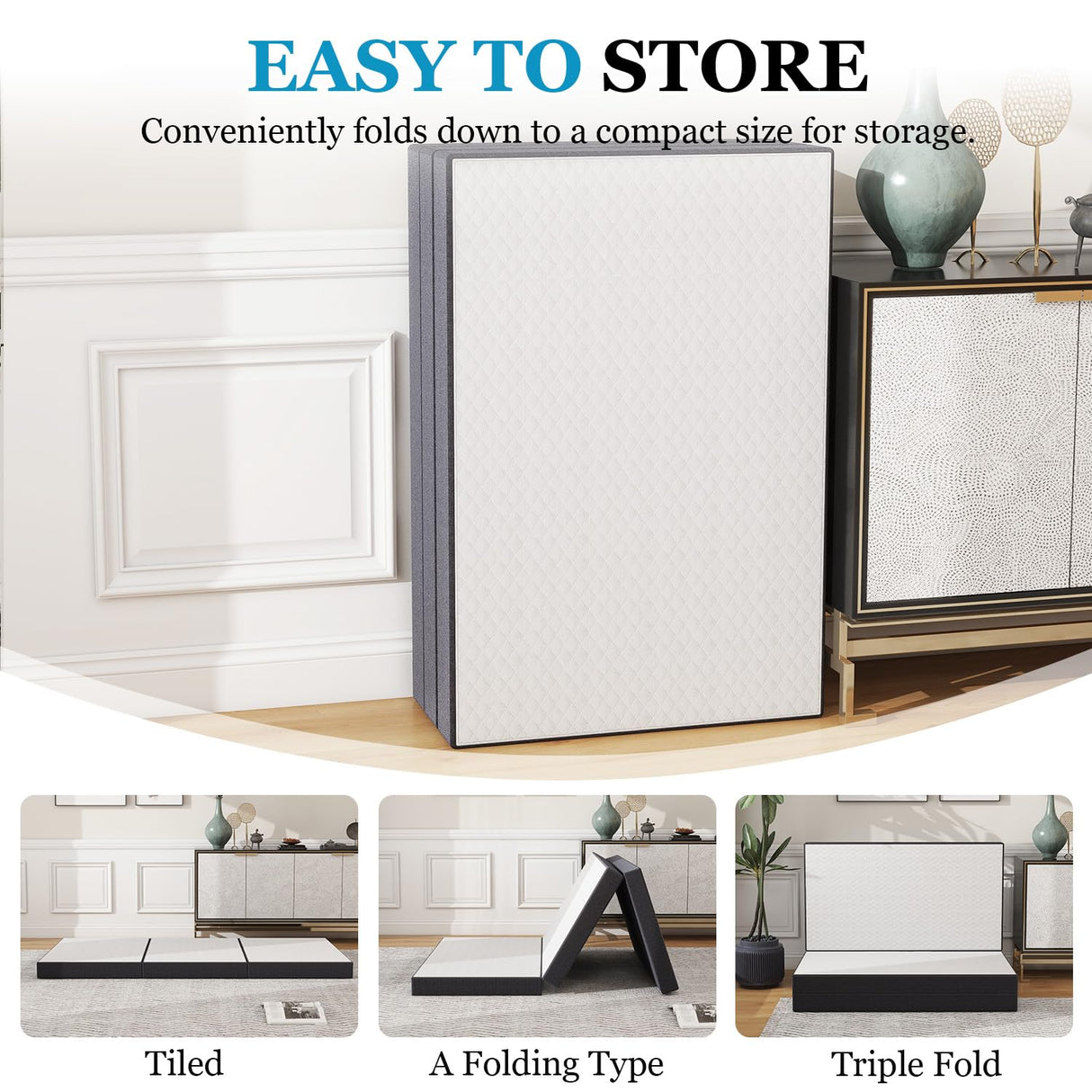 wOod-it Folding Mattress, 4 inch Tri-Fold Memory Foam Mattress Topper for Camping, Foldable Guest Bed, Portable Travel Mat with Washable Cover, 75"×25"×4", White wOod-it