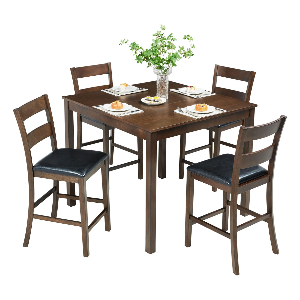 AMERLIFE Solid Wood 5-Piece Dining Table Set, Mid Century Modern Dining Set W/ 4 Chairs, Chairs with Curved Backrests & PU Cushioned, Space Saving, Black/Walnut AMERLIFE
