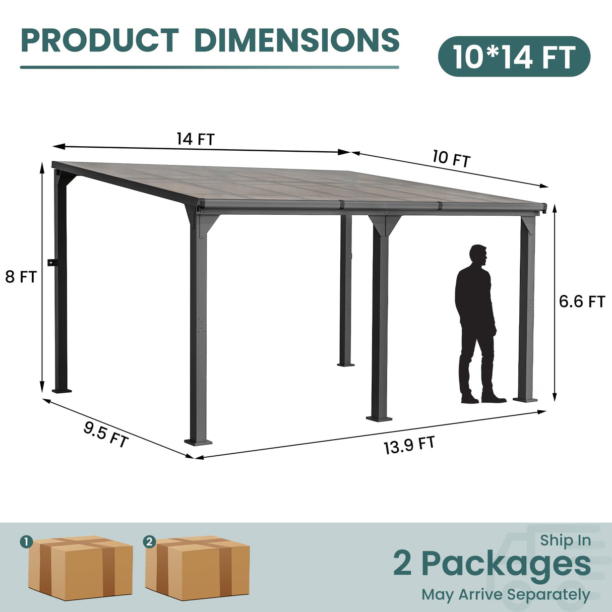 Pamapic 10 * 14FT Wall Mounted Gazebo,4*4 Inch Thickened Pillars & Enlarged Base,Outdoor Hardtop Lean to Pergola,UV Resistant Polycarbonate Roof,Aluminum Frame Pergola,Outdoor Patio Awnings for Lawn Pamapic