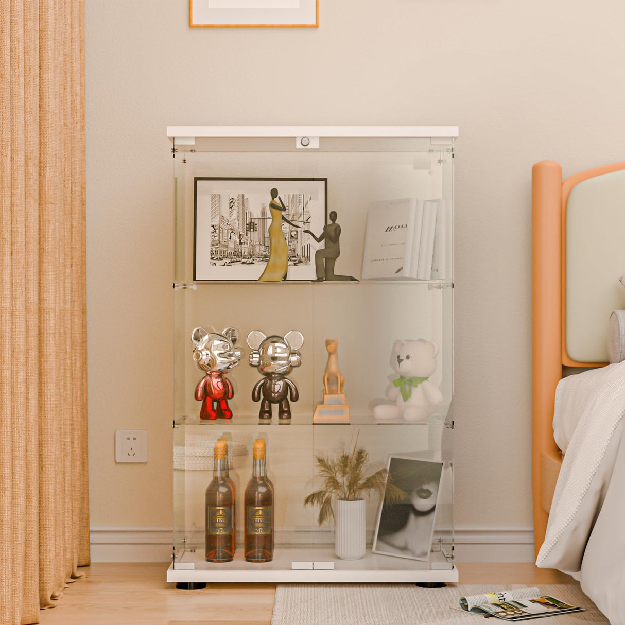 FANYUSHOW Glass Display Cabinet with Double Door and Lock, Quick-Install Style 3-Shelf Curio Cabinet 5mm Tempered Glass Floor Standing Bookshelf for Living Room, Bedroom, 49" H x 32''L x 14''W (White) FANYUSHOW