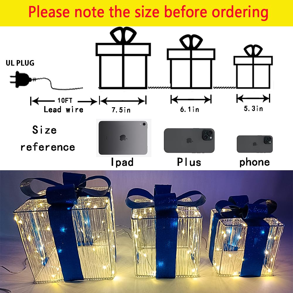 Christmas Decorations, Purtuemy Set of 3 Christmas Lighted Gift Boxes 140 LED Light up Xmas Present Ornament for Tree Indoor Outdoor Yard Holiday Door, Christmas Lights,Warm White, UL Plug Purtuemy