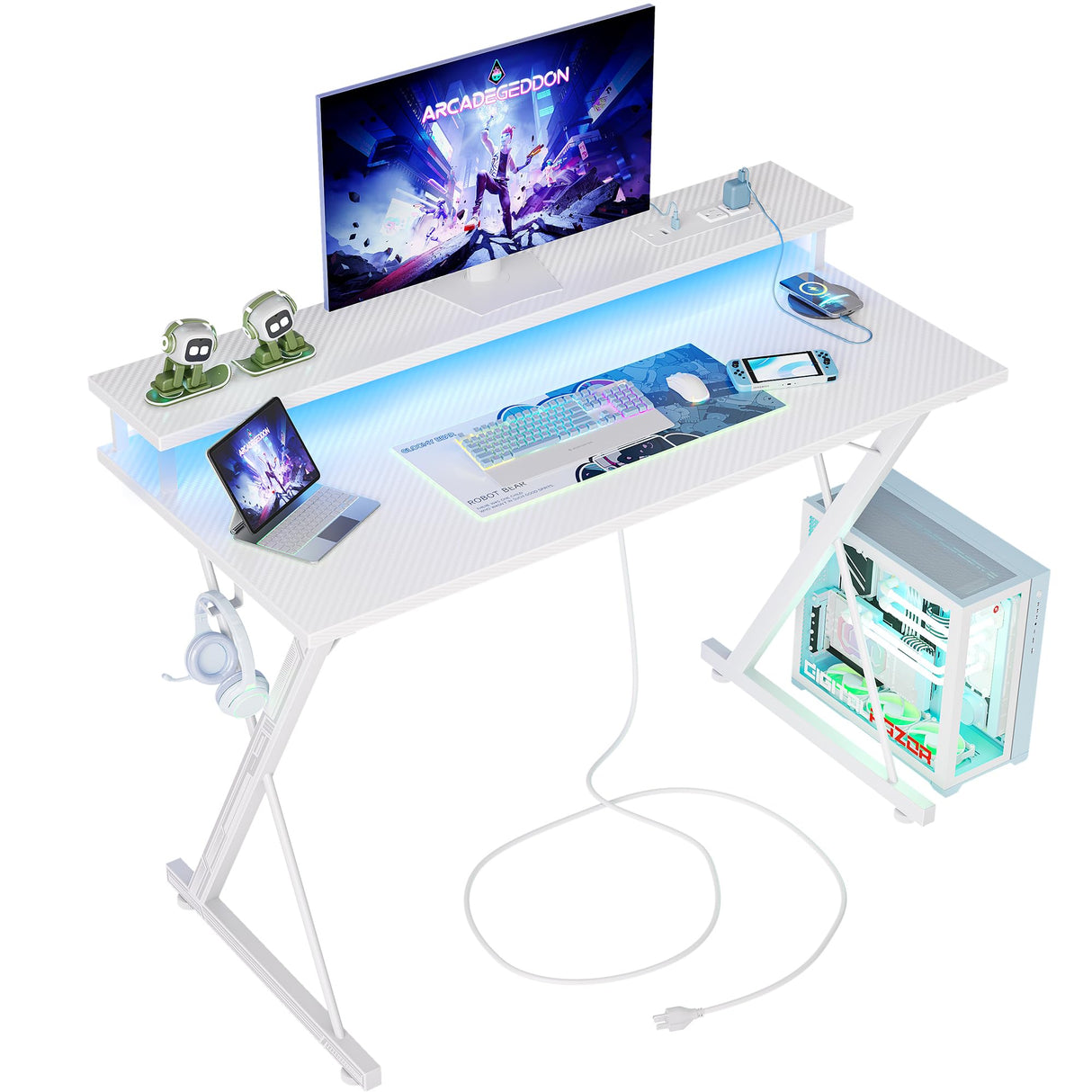 TIQLAB Gaming Desk with Power Outlets & LED 40 Inch Ergonomic Computer Carbon Fiber Surface Gamer Desk, Large Monitor Stand, Headphone Hook, PC Workstation for Bedroom, White Desk TIQLAB