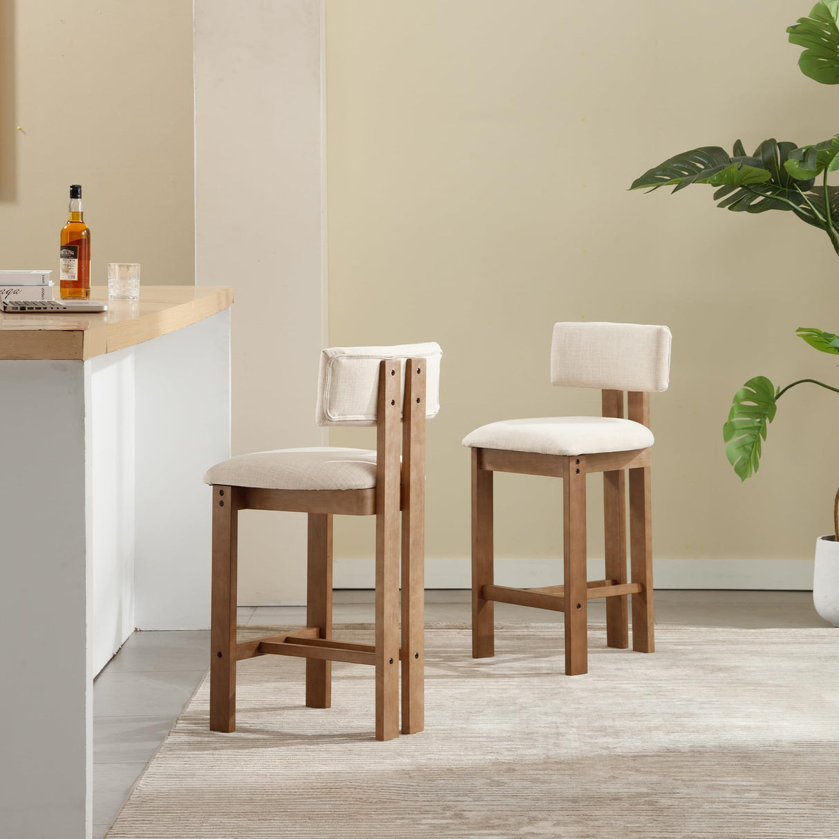 DM Furniture 26" Mid Century Modern Counter Bar Stools for Kitchen Island Farmhouse Wooden Counter Height Barstools Set of 4 with Linen Fabric Curved Back for Patio/Home Bar/Balcony, Beige DM Furniture