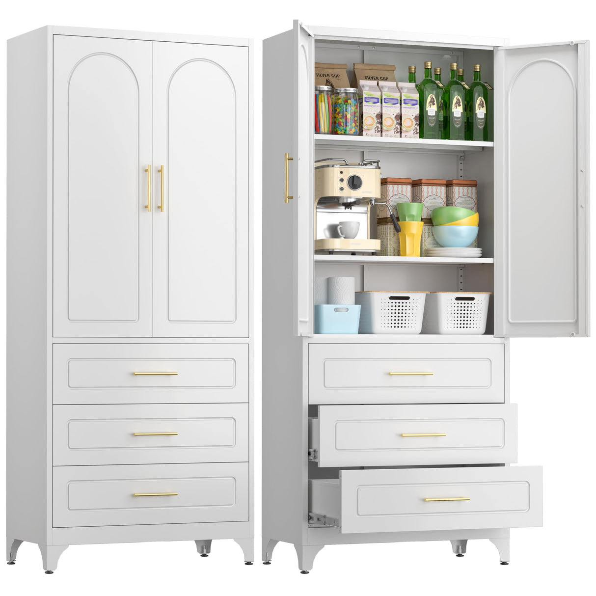 Kubohogar 75" Kitchen Pantry Cabinet with 3 Drawers, Metal Storage Cabinets with Doors and Adjustable Shelves, Tall White Pantry for Dinning Living Room Kubohogar
