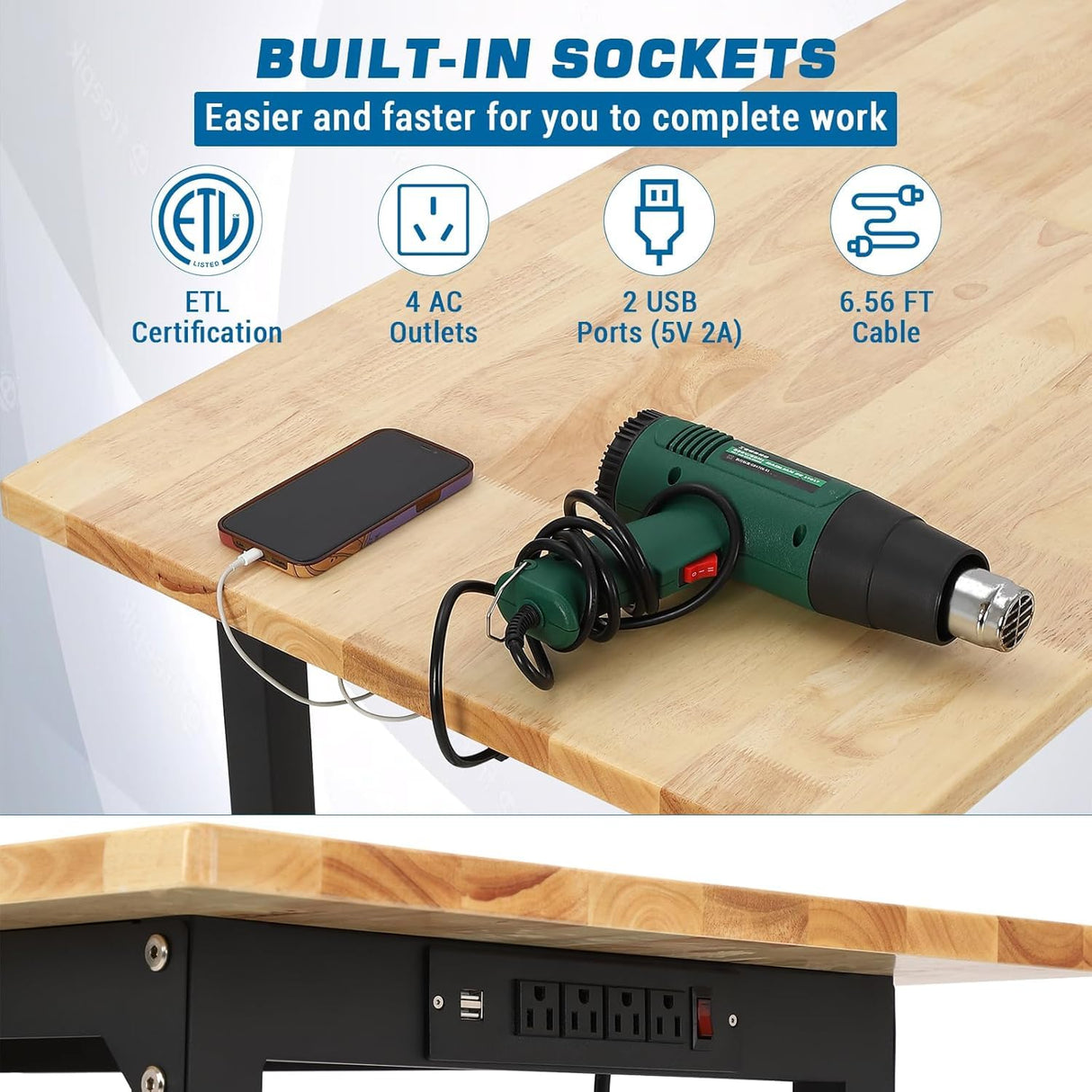 48" Heavy-Duty Height Adjustable Workbench, 2000 Lbs Capacity Hardwood Worktable Work Bench with Power Outlets, Brake Wheels for Garage Workshop Office Home Woodworking Shop Doppeltcharms