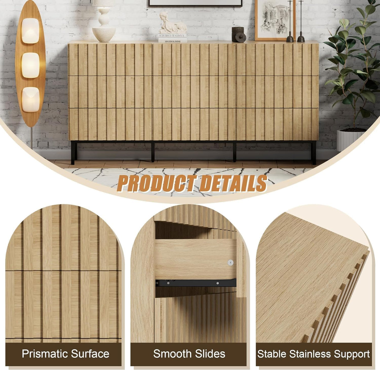 UEV Modern 9 Drawer Dresser for Bedroom,59" Mid Century Modern Dresser,Fluted Dresser Natural Wood Dresser with Panels for Handle,Long Chest of Drawers TV Stand Dresser for Bedroom,Living Room,Hallway UEV