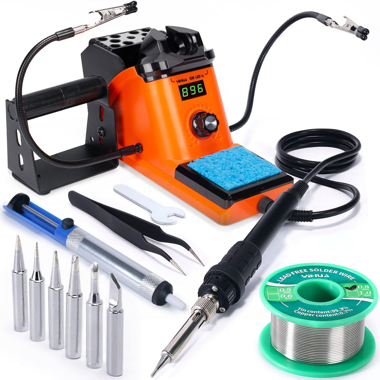 YIHUA 926 III 60W LED Display Soldering Iron Station Kit w 2 Helping Hands, 6 Extra Iron Tips, Roll of Lead-Free Solder, Solder Sucker, S/S Tweezers, °C/ºF Conversion, Auto Sleep & Calibration Support YIHUA