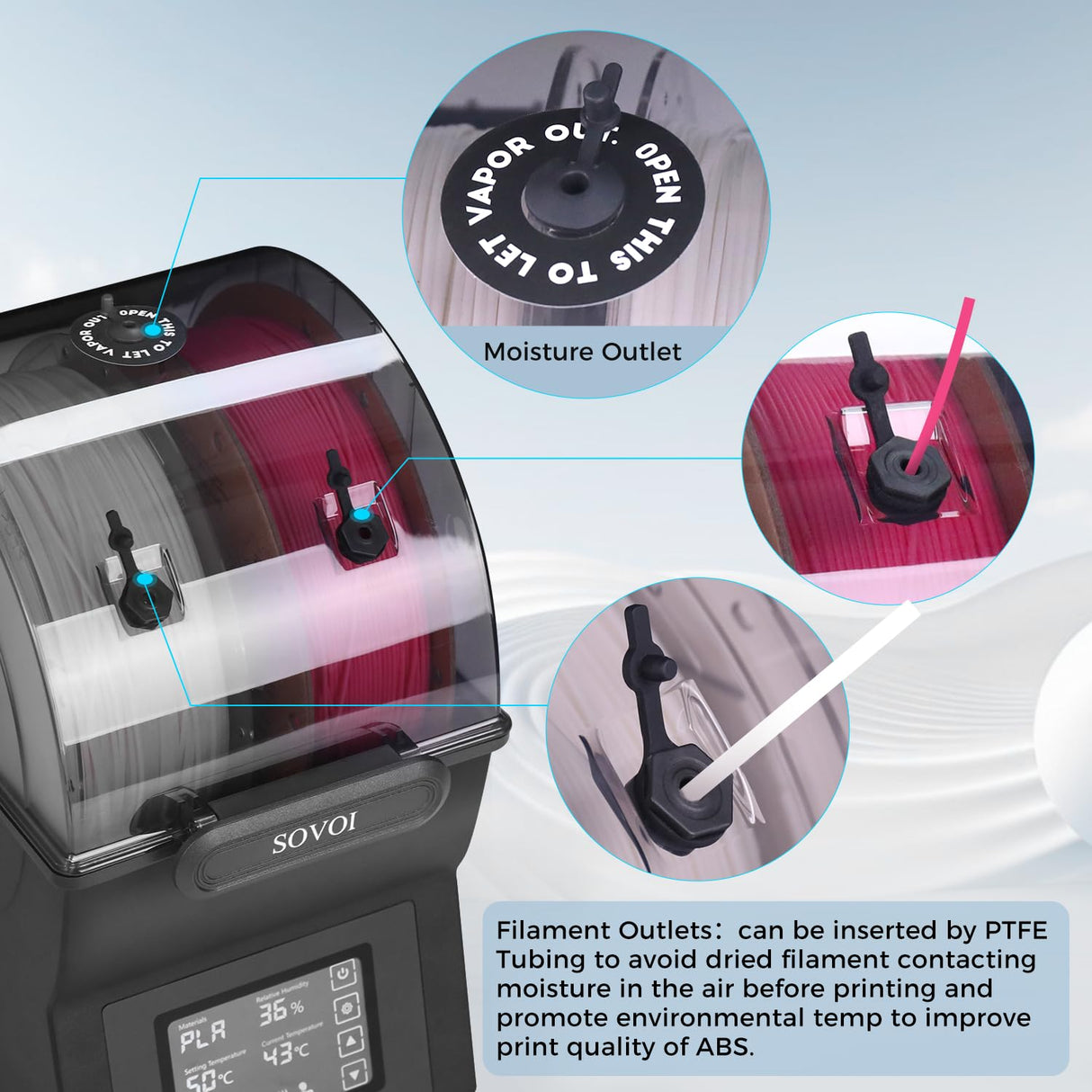 Sovol Filament Dryer, SH02 Dry Box Filament Sealed Storage Box 3D Printer Spool Holder with PTC Heater, Filament Dehydrator with Touch Screen, One Key Set, Compatible with PLA PETG TPU ABS 1.75/2.85mm Sovol