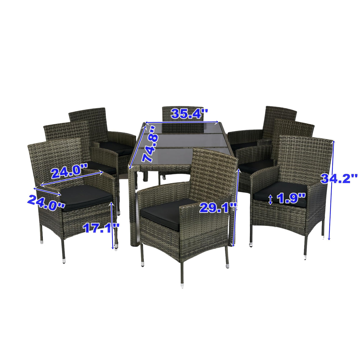 KEIKI 9 Piece Patio Dining Table Outdoor Furniture Set, 8 Wicker Chairs with Cushions & 74.8" Glass Top Dining Table, All Weather Dining Set for Lawn, Garden, Backyard, Poolside, Black & Grey KEIKI
