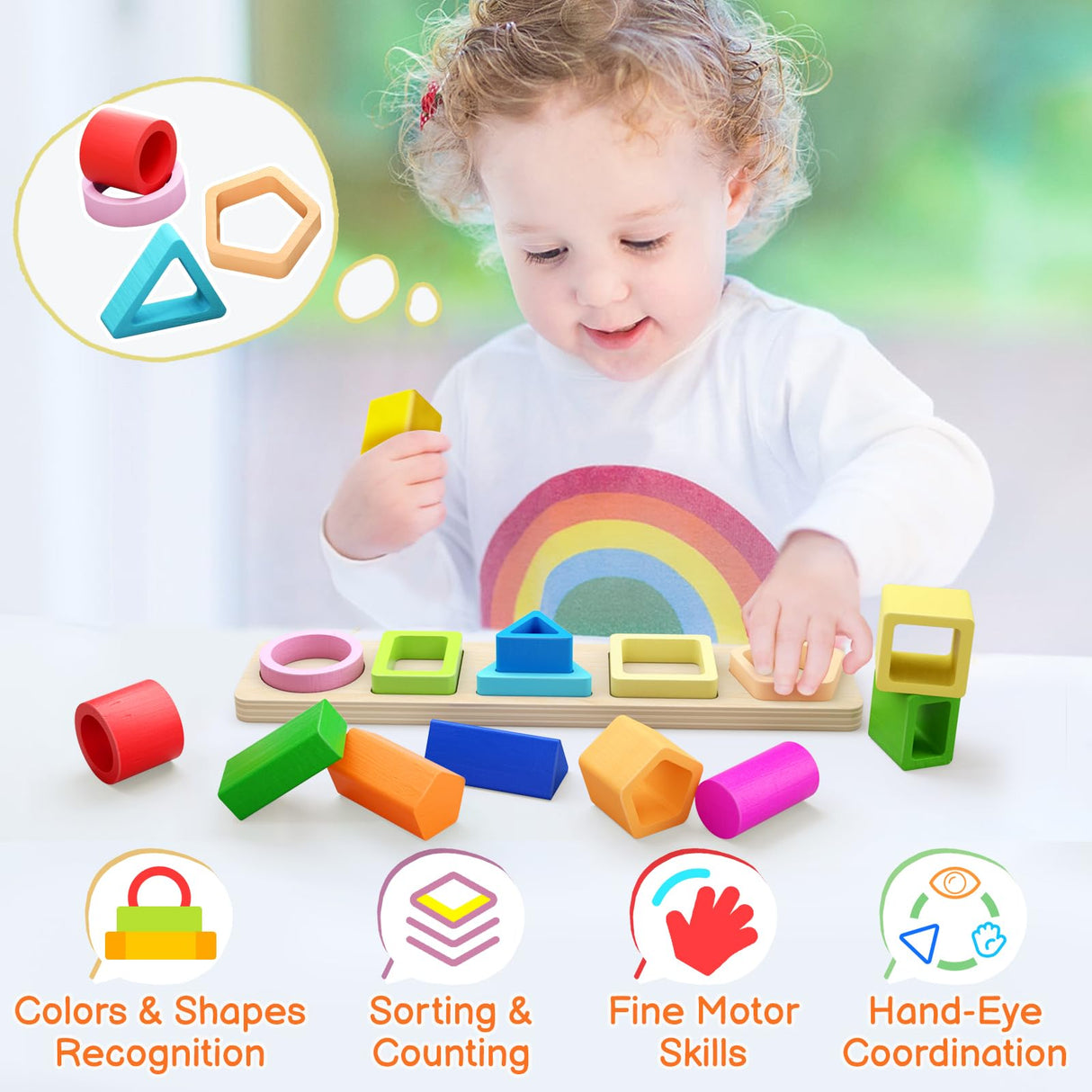 PEBIRA Montessori Toys for 1 2 3 Year Old Boys Girls Toddlers, Heightened Peg-free Wooden Stacking Toys, Shape Sorter Learning Toys, Birthday Gift for Baby Kid Age 1-4 Preschool Toy, Various Game Play PEBIRA